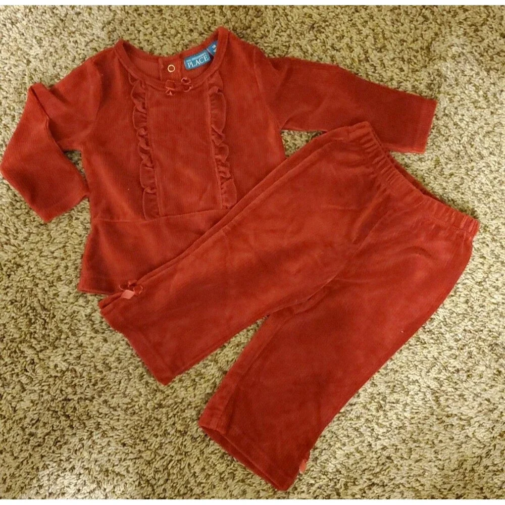 The Children's Baby Girl 18 month 2pc Red Velour Outfit Long sleeve Top Pants